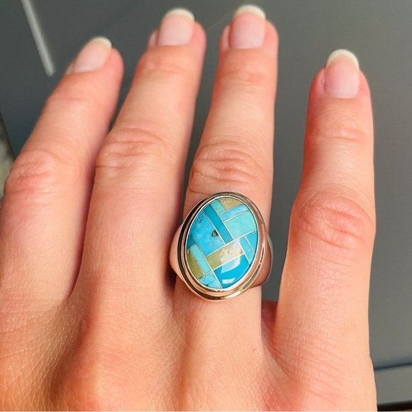 🎉Sold🎉 Carolyn Pollack Relios Turquoise Stone Mosaic Sterling Silver Ring - Picture 4 of 10